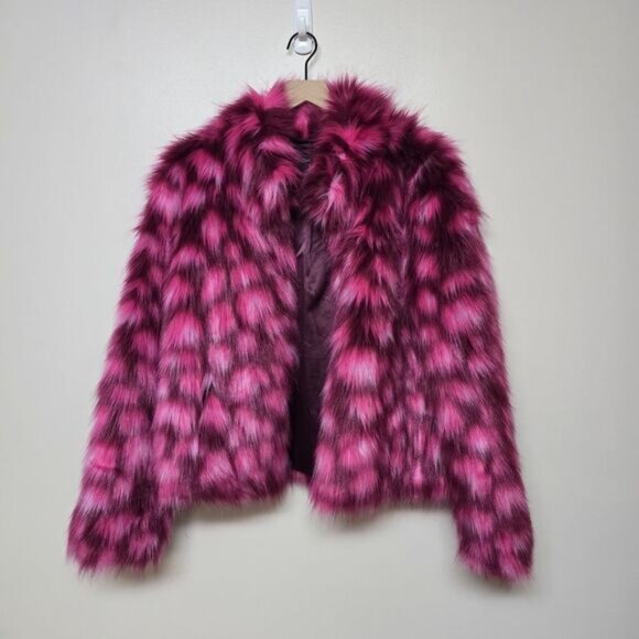 Unreal Fur Womens Mockneck Pink Faux Fur Jacket Sz L Eyehook Front - Picture 2 of 10